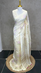 PURE SILK LINEN FLORAL PRINTED SAREE - LIGHT YELLOW