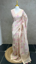 PURE SILK LINEN FLORAL PRINTED SAREE - PASTEL PEACH