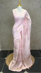 PURE SILK LINEN FLORAL PRINTED SAREE - PEACH