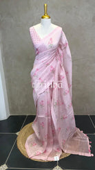 PURE SILK LINEN FLORAL PRINTED SAREE - Pink
