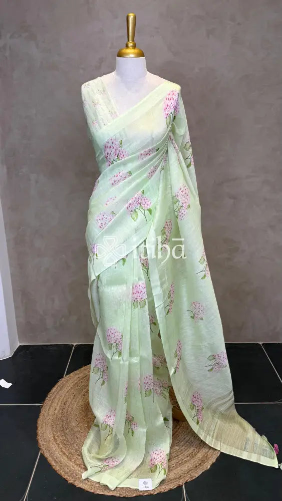PURE SILK LINEN FLORAL PRINTED SAREE - PISTA GREEN
