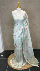 PURE SILK LINEN FLORAL PRINTED SAREE - SAGE GREEN