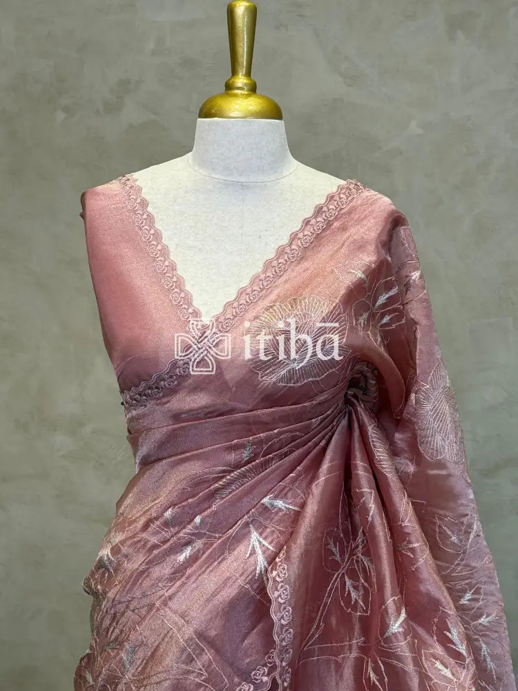 PURE SILK TISSUE ORGANZA APPLIQUE EMBROIDERY SAREE
