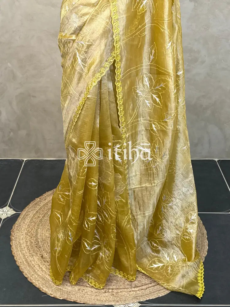 PURE SILK TISSUE ORGANZA APPLIQUE EMBROIDERY SAREE