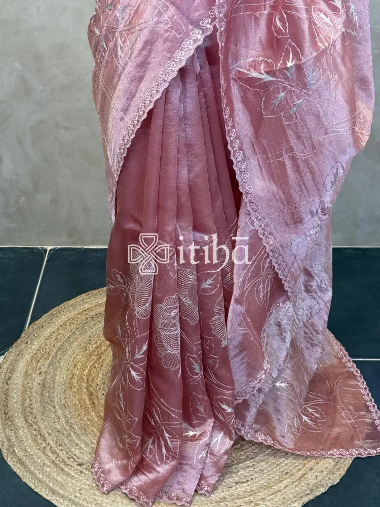 PURE SILK TISSUE ORGANZA APPLIQUE EMBROIDERY SAREE