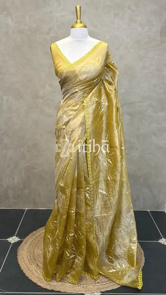 PURE SILK TISSUE ORGANZA APPLIQUE EMBROIDERY SAREE - Yellow