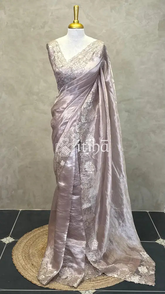 PURE SILK TISSUE ORGANZA CUT WORK EMBROIDERY SAREE