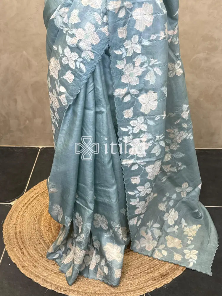 PURE TUSSAR SILK APPLIQUE EMBROIDERY SAREE