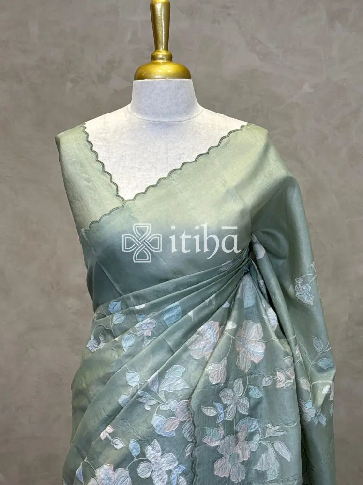 PURE TUSSAR SILK APPLIQUE EMBROIDERY SAREE