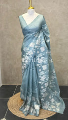 PURE TUSSAR SILK APPLIQUE EMBROIDERY SAREE - GREYISH BLUE
