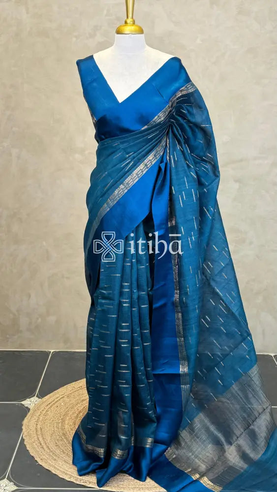 PURE TUSSAR SILK BANARASI SAREE - PEACOCK BLUE
