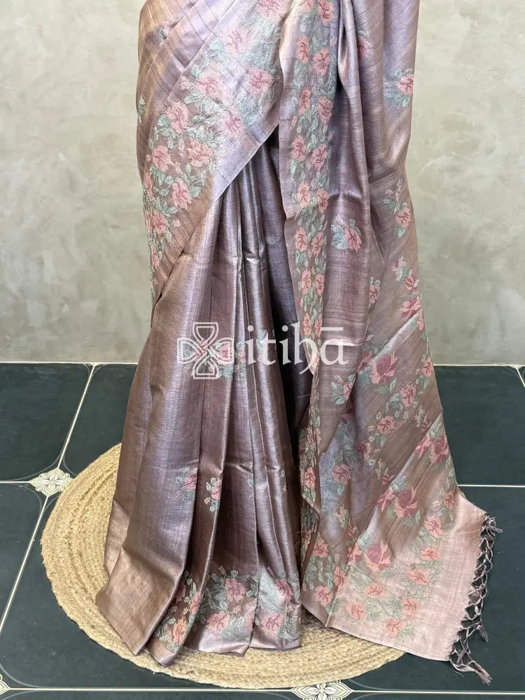 PURE TUSSAR SILK EMBROIDERY SAREE