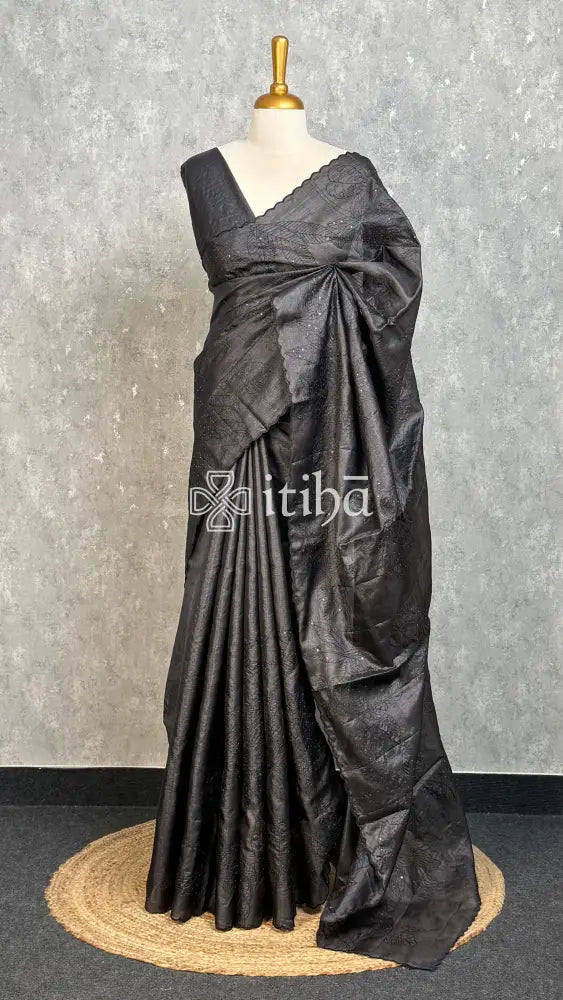 PURE TUSSAR SILK EMBROIDERY SAREE - Black