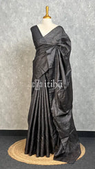 PURE TUSSAR SILK EMBROIDERY SAREE - Black