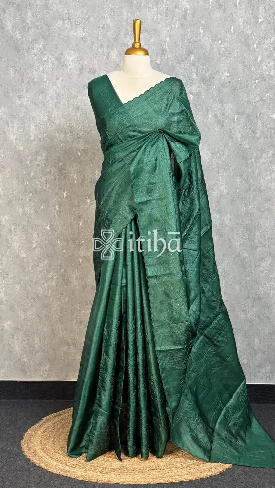PURE TUSSAR SILK EMBROIDERY SAREE - DEEP GREEN