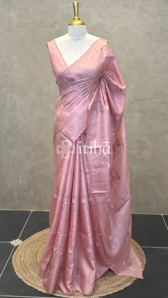 PURE TUSSAR SILK EMBROIDERY SAREE - PASTEL PEACH