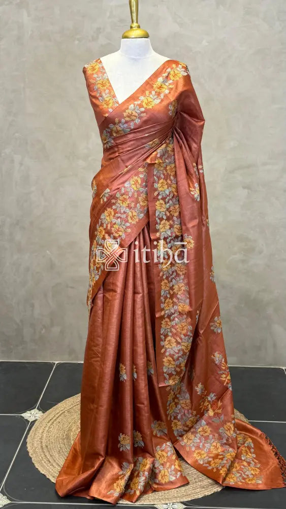 PURE TUSSAR SILK EMBROIDERY SAREE - RUST ORANGE