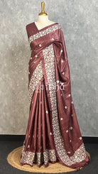 PURE TUSSAR SILK EMBROIDERYSAREE - Brown