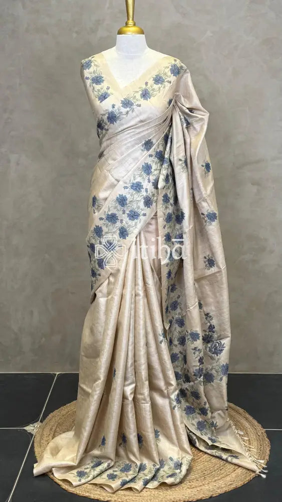 PURE TUSSAR SILK EMBROIDERYSAREE - DARK BLUE