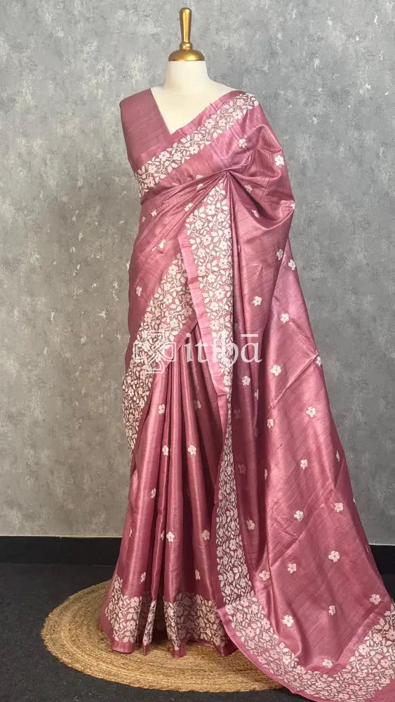 PURE TUSSAR SILK EMBROIDERYSAREE - DUSTY PINK
