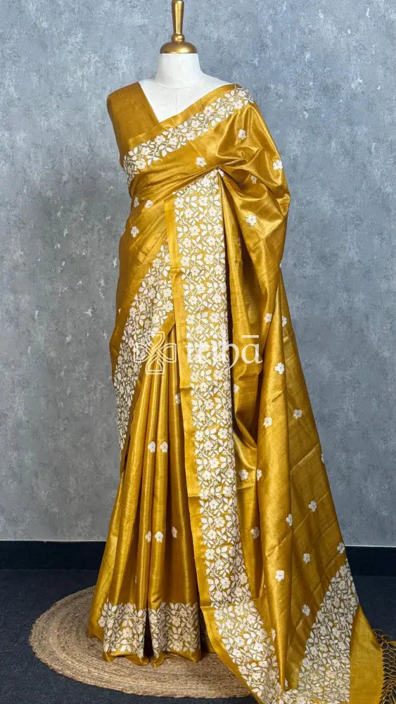 PURE TUSSAR SILK EMBROIDERYSAREE - MUSTARD GOLD