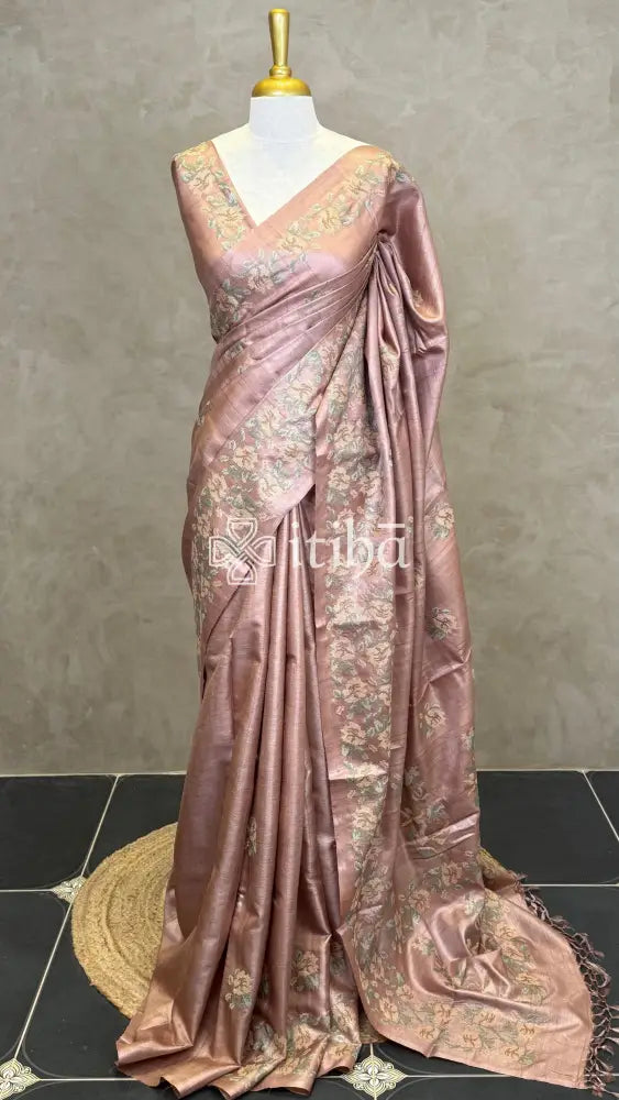 PURE TUSSAR SILK EMBROIDERYSAREE - NUDE PEACH