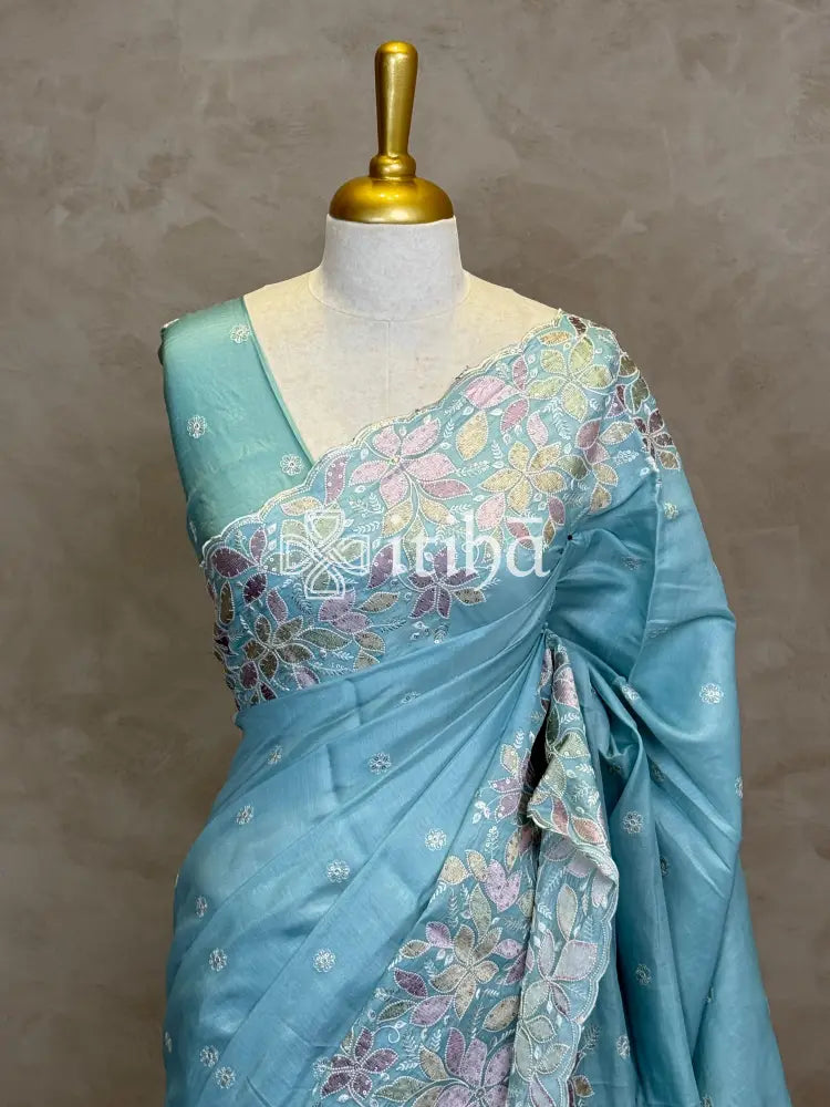 SATIN TUSSAR EMBROIDERY SAREE