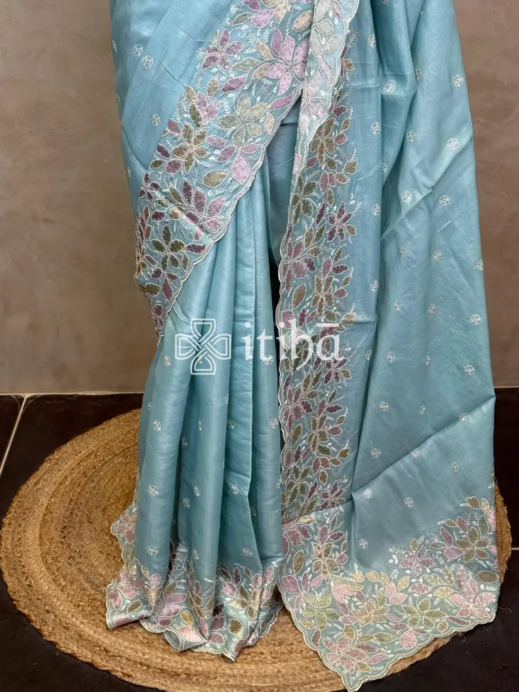 SATIN TUSSAR EMBROIDERY SAREE