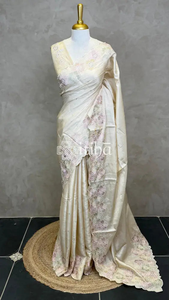 SATIN TUSSAR EMBROIDERY SAREE - Beige