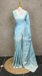 SATIN TUSSAR EMBROIDERY SAREE - LIGHT BLUE