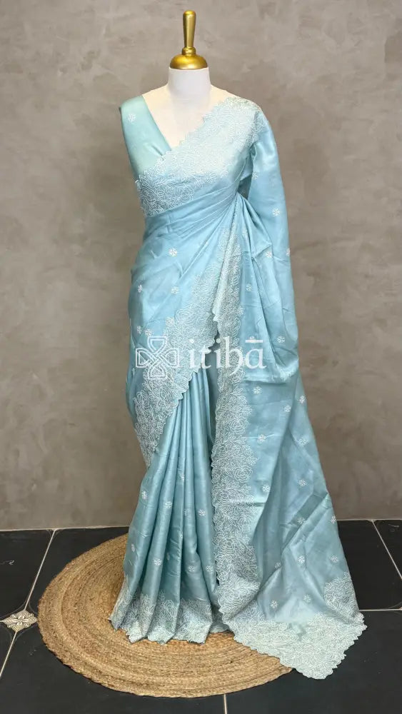 SATIN TUSSAR EMBROIDERY SAREE - LIGHT BLUE