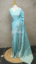 SATIN TUSSAR EMBROIDERY SAREE - LIGHT BLUE