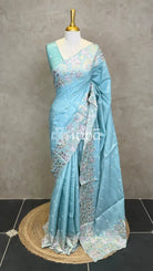 SATIN TUSSAR EMBROIDERY SAREE - PASTEL AQUA BLUE