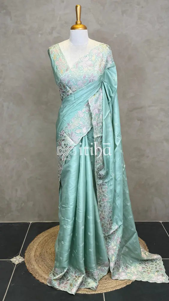 SATIN TUSSAR EMBROIDERY SAREE - PASTEL MINT GREEN