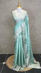 SATIN TUSSAR EMBROIDERY SAREE - PASTEL MINT GREEN