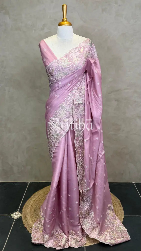 SATIN TUSSAR EMBROIDERY SAREE - PASTEL PINK