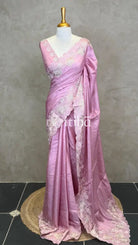 SATIN TUSSAR EMBROIDERY SAREE - PASTEL PINK