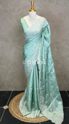 SATIN TUSSAR EMBROIDERY SAREE - PASTEL PISTA GREEN