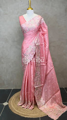 SATIN TUSSAR EMBROIDERY SAREE - PEACH