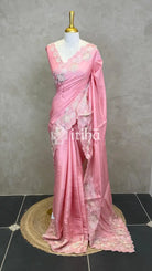 SATIN TUSSAR EMBROIDERY SAREE - Pink