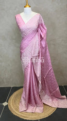 SATIN TUSSAR EMBROIDERY SAREE - Pink