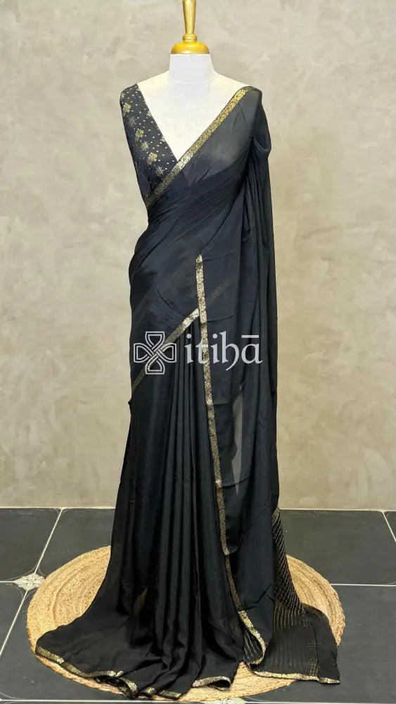 SEMI CREPE SILK BANARASI SAREE - Black