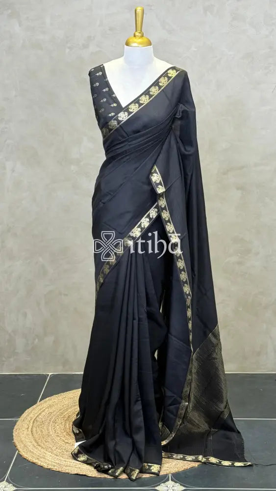 SEMI CREPE SILK BANARASI SAREE - Black