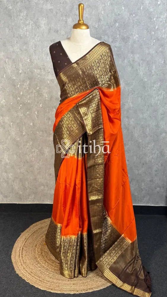 SEMI CREPE SILK BANARASI SAREE - BURNT ORANGE