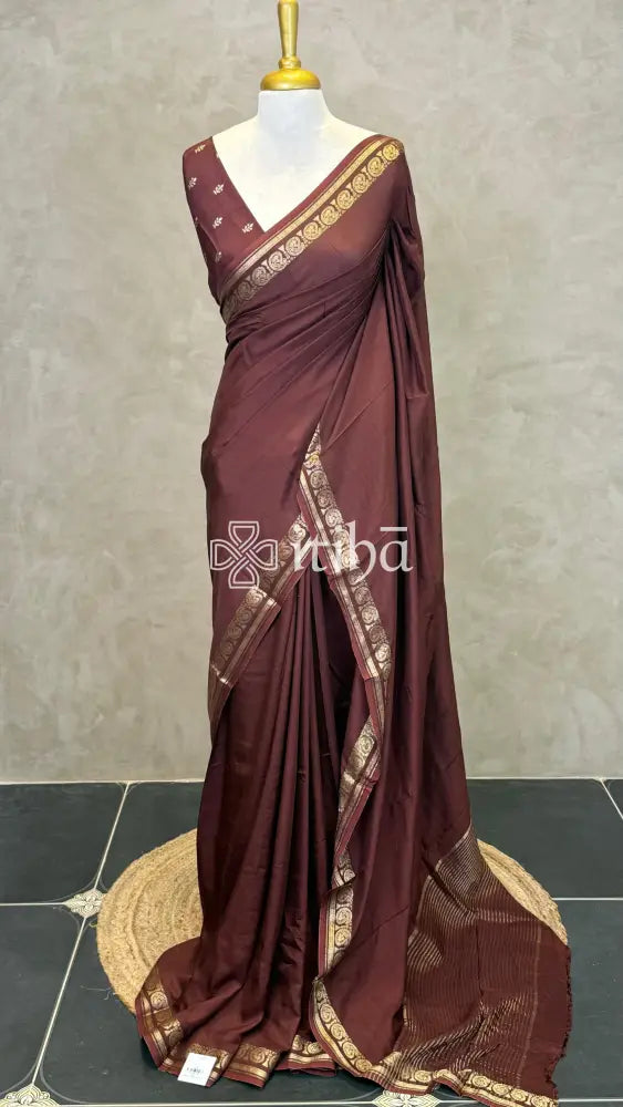 SEMI CREPE SILK BANARASI SAREE - DARK BROWN