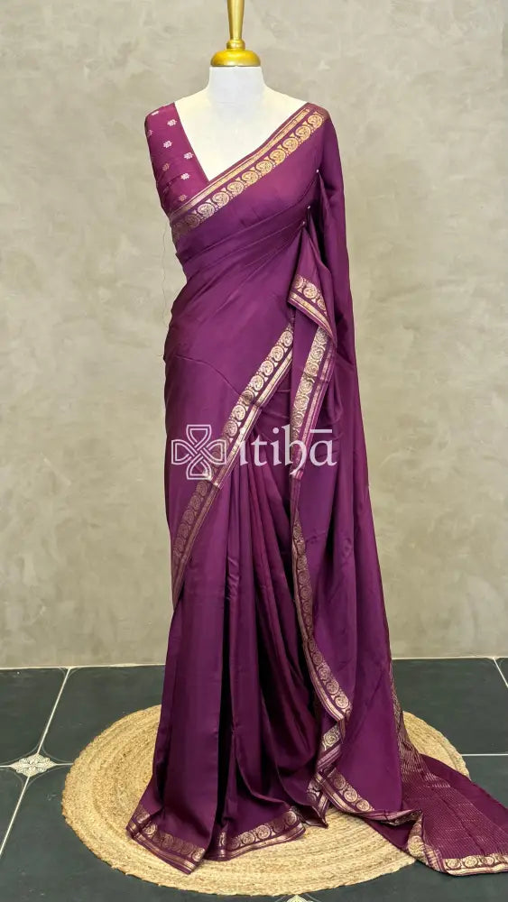 SEMI CREPE SILK BANARASI SAREE - GRAPE WINE