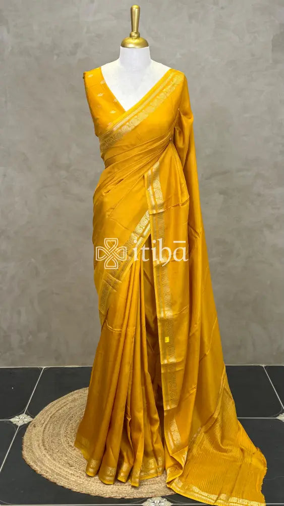 SEMI CREPE SILK BANARASI SAREE - mustard yellow