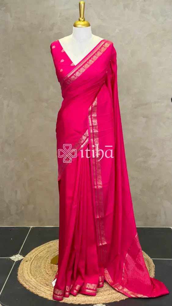 SEMI CREPE SILK BANARASI SAREE - RANI PINK