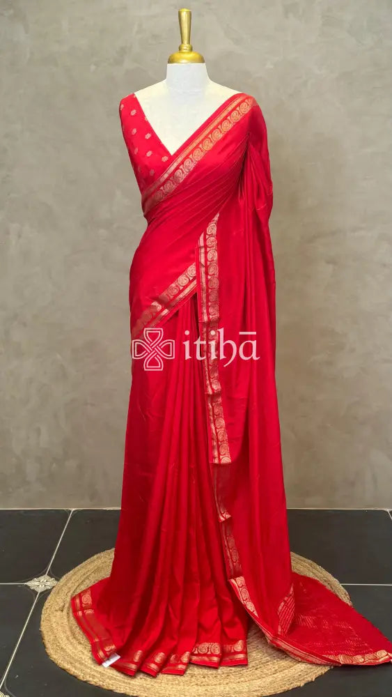 SEMI CREPE SILK BANARASI SAREE - Red