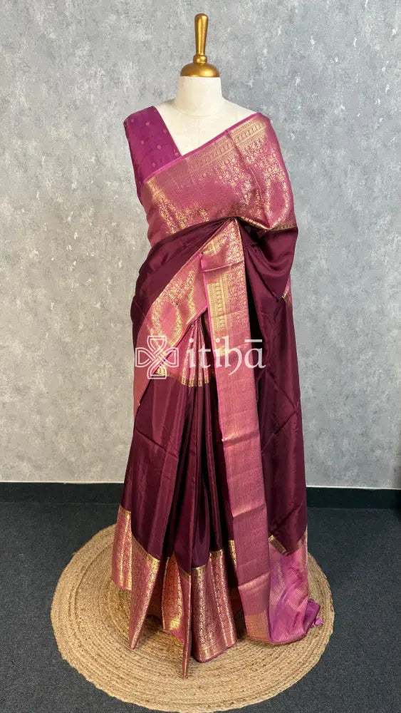 SEMI CREPE SILK BANARASI SAREE - WINE RED